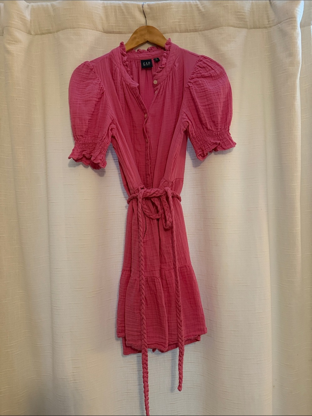 GAP Bright Pink Puff-Sleeve Tie-Waist Mini Dress